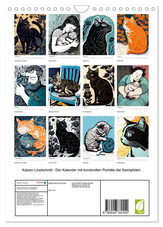 Produktbild: Katzen Linolschnitt - Der Kalender mit kunstvollen Portr&auml;ts der Samtpfoten (Wandkalender 2026 DIN A4 hoch), CALVENDO Monatskalender