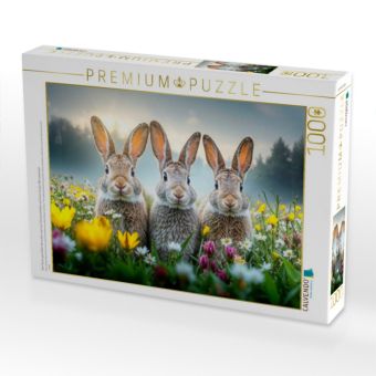 Produktbild: CALVENDO Puzzle Drei Hasen genie&szlig;en die ersten warmen Sonnenstrahlen auf einer bunten Blumenwiese | 1000 Teile Lege-Gr&ouml;&szlig;e 64x48cm Foto-Puzzle f&uuml;r gl&uuml;c
