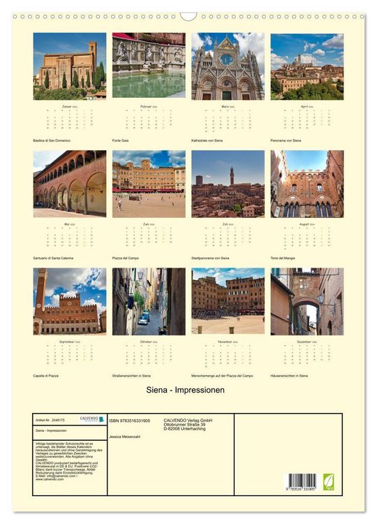 Produktbild: Siena - Impressionen (Wandkalender 2026 DIN A2 hoch), CALVENDO Monatskalender