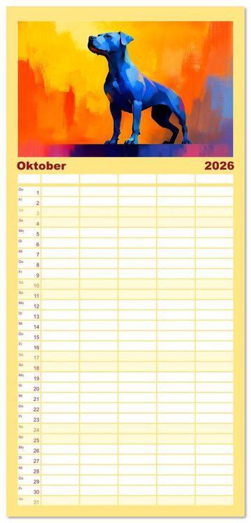 Produktbild: Familienplaner 2026 - Kraftvolle Partner. Hunde in k&uuml;nstlerischer &Ouml;loptik mit 5 Spalten (Wandkalender, 21 x 45 cm) CALVENDO