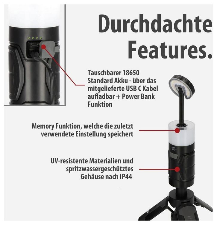 Produktbild: Brennenstuhl 1173740008 UL 400 AT Arbeitsleuchte, Camping-Leuchte 400 lm 540 g Schwarz, Wei&szlig;