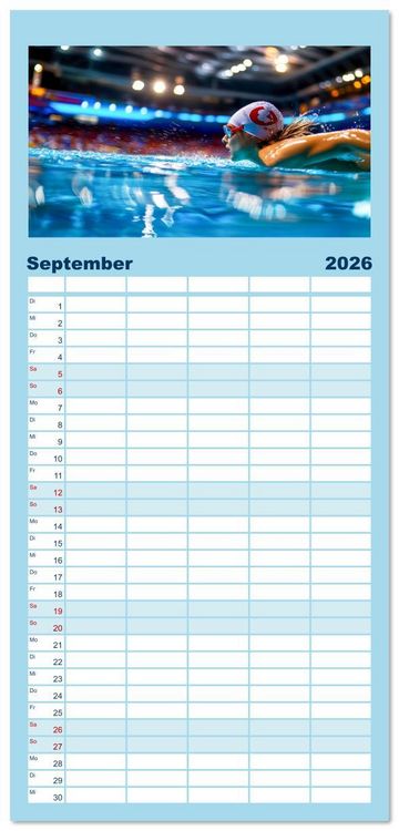 Produktbild: Familienplaner 2026 - Schwimmen - Bahn f&uuml;r Bahn mit 5 Spalten (Wandkalender, 21 x 45 cm) CALVENDO
