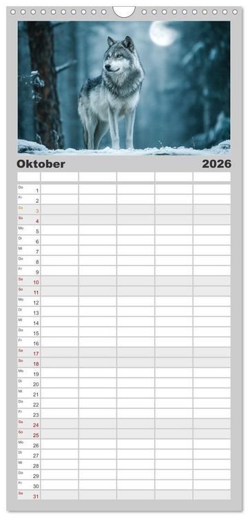 Produktbild: Familienplaner 2026 - W&ouml;lfe im Mondlicht - Ruf der Wildnis mit 5 Spalten (Wandkalender, 21 x 45 cm) CALVENDO