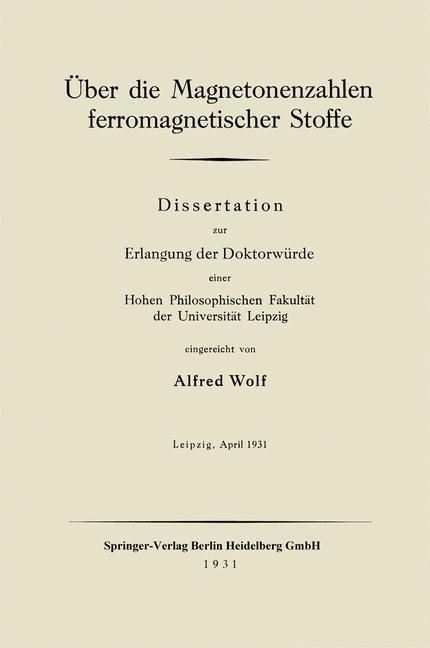 Produktbild: &Uuml;ber die Magnetonenzahlen ferromagnetischer Stoffe