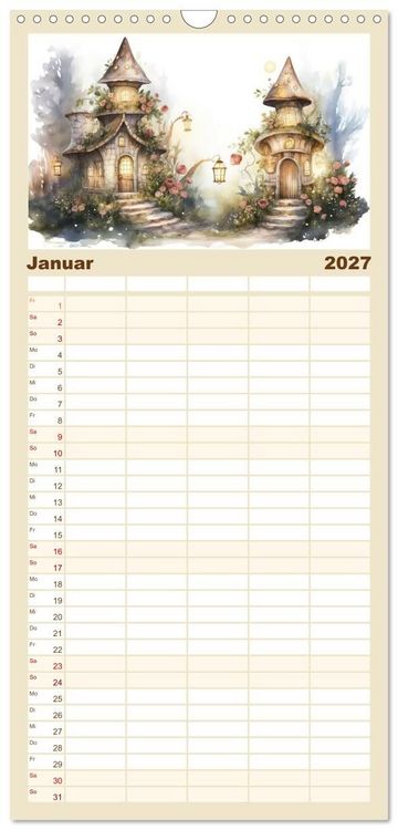 Produktbild: Familienplaner 2027 - M&auml;rchenhafte Feenh&auml;uschen mit 5 Spalten (Wandkalender, 21 x 45 cm) CALVENDO