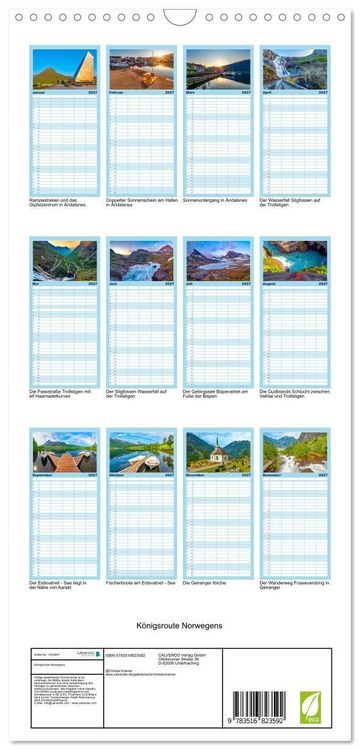 Produktbild: Familienplaner 2027 - K&ouml;nigsroute Norwegens mit 5 Spalten (Wandkalender, 21 x 45 cm) CALVENDO
