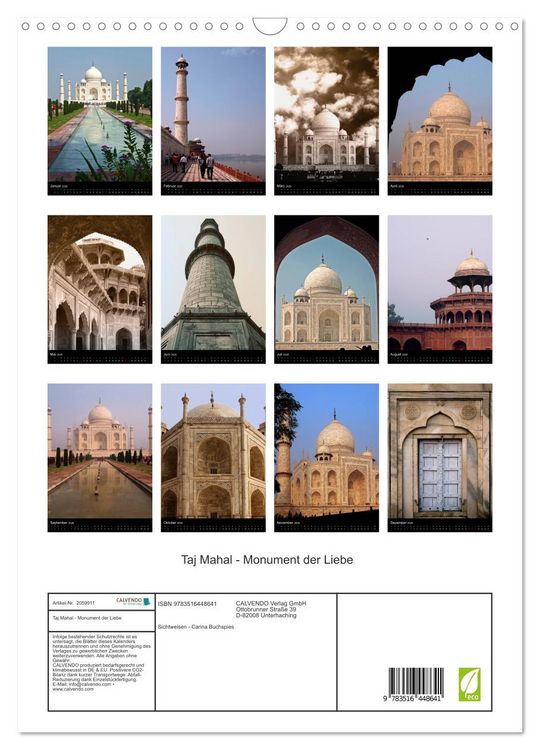 Produktbild: Taj Mahal - Monument der Liebe (Wandkalender 2026 DIN A3 hoch), CALVENDO Monatskalender