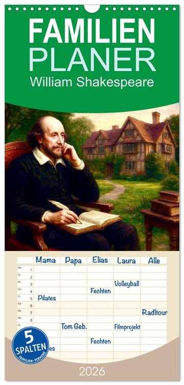 Produktbild: Familienplaner 2026 - William Shakespeare mit 5 Spalten (Wandkalender, 21 x 45 cm) CALVENDO