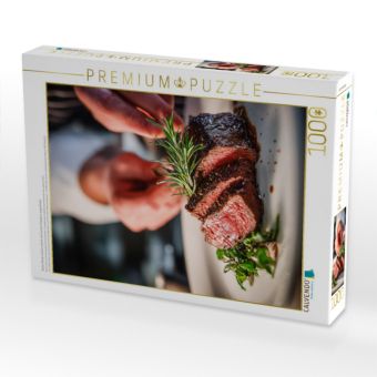 Produktbild: CALVENDO Puzzle Zartes Steak wird kunstvoll mit frischen Kr&auml;utern angerichtet | 1000 Teile Lege-Gr&ouml;&szlig;e 64x48cm Foto-Puzzle f&uuml;r gl&uuml;ckliche Stunden