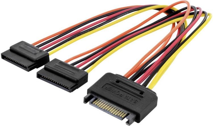 Produktbild: Digitus Computer, Strom Kabel [2x SATA-Strom-Buchse 15pol. - 1x SATA-Strom-Stecker 15pol.] 0.15 m Bunt