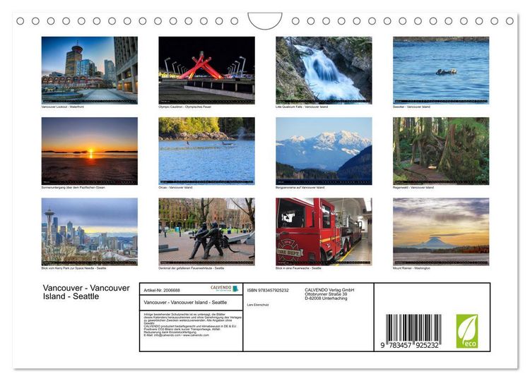 Produktbild: Vancouver - Vancouver Island - Seattle (Wandkalender 2026 DIN A4 quer), CALVENDO Monatskalender