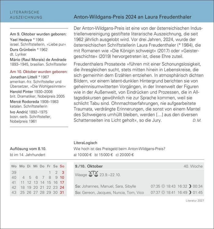 Produktbild: Literatur Tagesabrei&szlig;kalender 2027 - Kulturkalender - Autoren, Werke, H&ouml;rb&uuml;cher