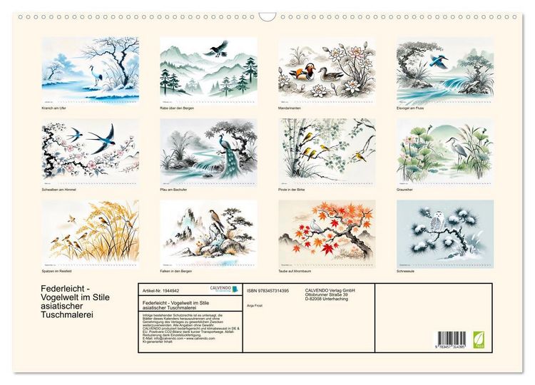 Produktbild: Federleicht - Vogelwelt im Stile asiatischer Tuschmalerei (Wandkalender 2026 DIN A2 quer), CALVENDO Monatskalender