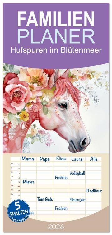 Produktbild: Familienplaner 2026 - Hufspuren im Bl&uuml;tenmeer mit 5 Spalten (Wandkalender, 21 x 45 cm) CALVENDO
