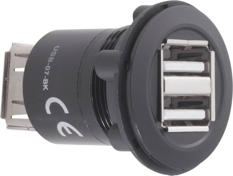 Produktbild: TRU COMPONENTS USB-07-BK USB-Doppeleinbaubuchse 2.0 Buchse, Einbau, Adapter 2 x USB-Buchse Typ A auf 2 x USB-Buchse Typ A Inhalt: 1 St.