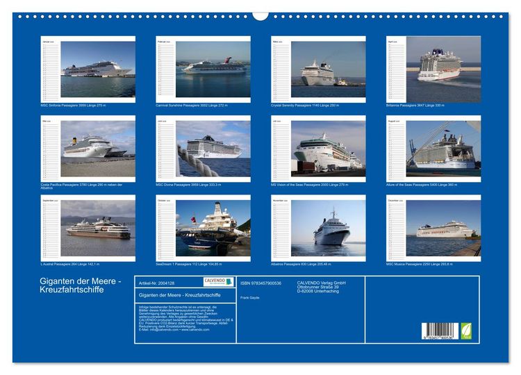 Produktbild: Giganten der Meere - Kreuzfahrtschiffe (Wandkalender 2026 DIN A2 quer), CALVENDO Monatskalender