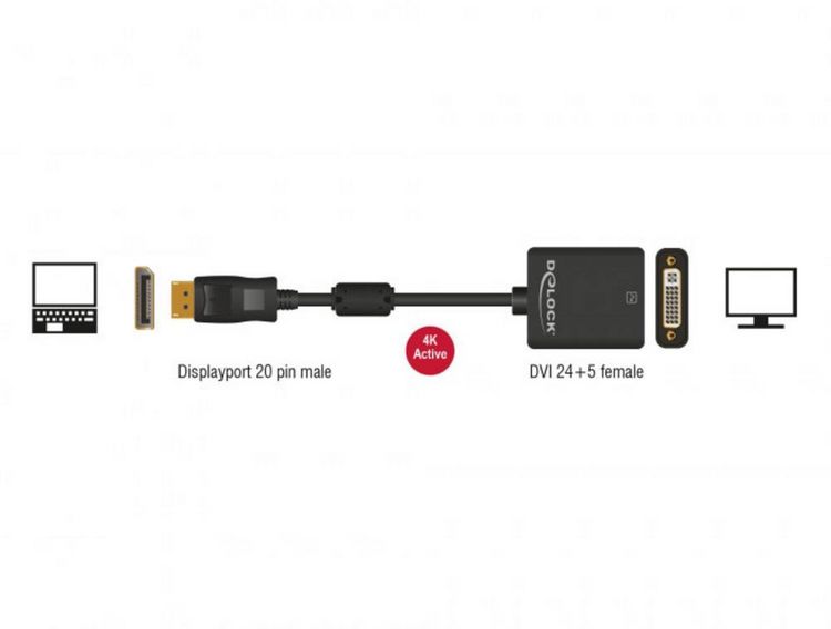 Produktbild: Delock DisplayPort / DVI Adapterkabel DisplayPort Stecker, DVI-I 24+5pol. Buchse 0.20 m Schwarz 62599 vergoldete Steckkontakte DisplayPort-Kabel