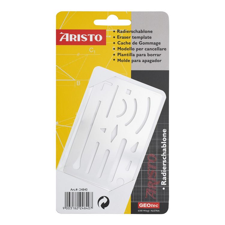 Produktbild: ARISTO Radierschablone 9 x 6 cm rostfreier Stahl, 15 &Ouml;ffnungen