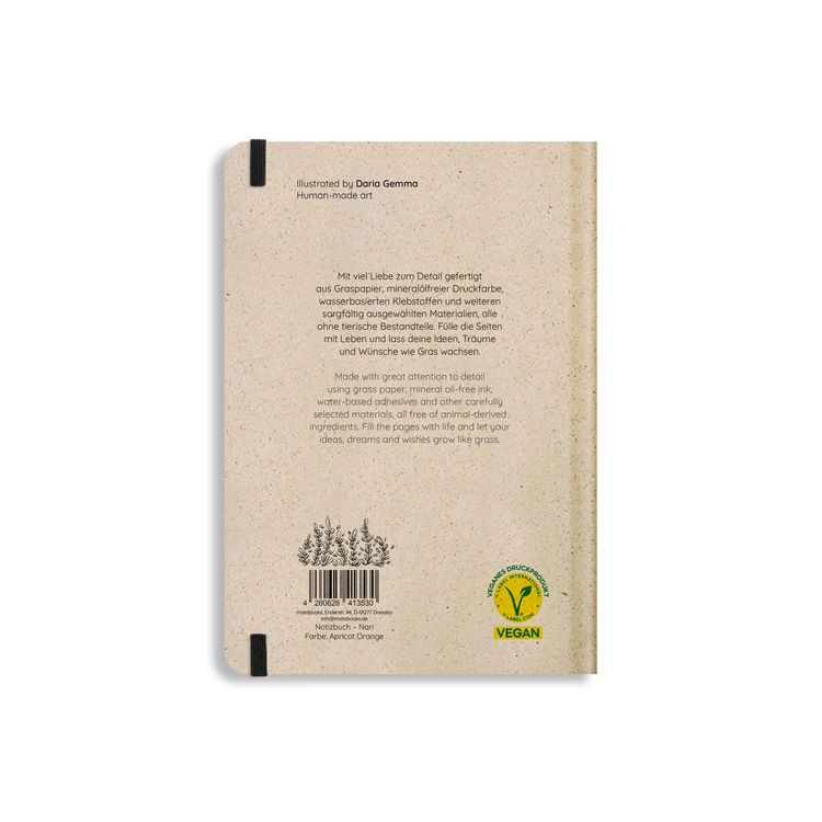 Produktbild: Notizbuch A5 punktiert aus S&uuml;&szlig;graspapier mit Graspapier-Cover &ndash; Nari &ndash; Farbe: Apricot Orange &ndash; matabooks
