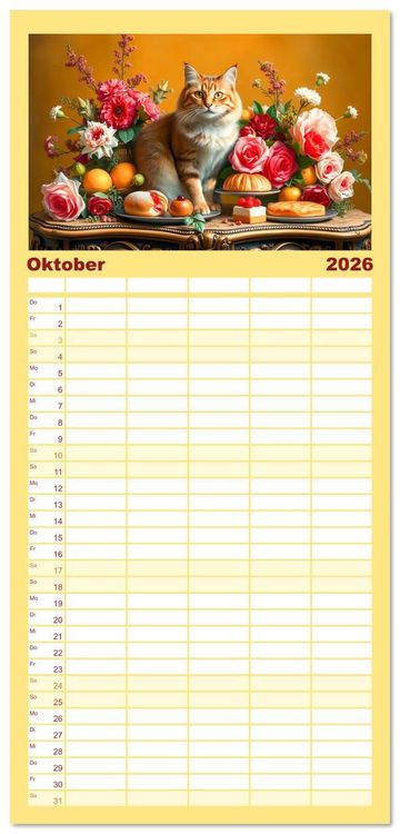 Produktbild: Familienplaner 2026 - Klassische Katzenportr&auml;ts - Katzen in opulenten Stillleben mit 5 Spalten (Wandkalender, 21 x 45 cm) CALVENDO