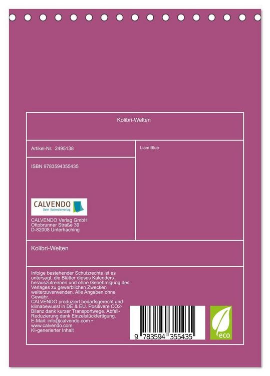 Produktbild: Kolibri-Welten (Tischkalender 2027 DIN A5 hoch), CALVENDO Monatskalender