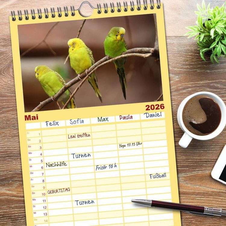 Produktbild: Familienplaner 2026 - Wellensittiche - Gefiederte Freunde mit 5 Spalten (Wandkalender, 21 x 45 cm) CALVENDO