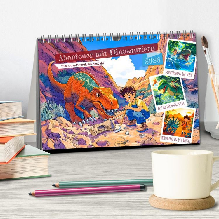 Produktbild: Abenteuer mit Dinosauriern - Tolle Dino-Freunde f&uuml;r das Jahr (Tischkalender 2026 DIN A5 quer), CALVENDO Monatskalender
