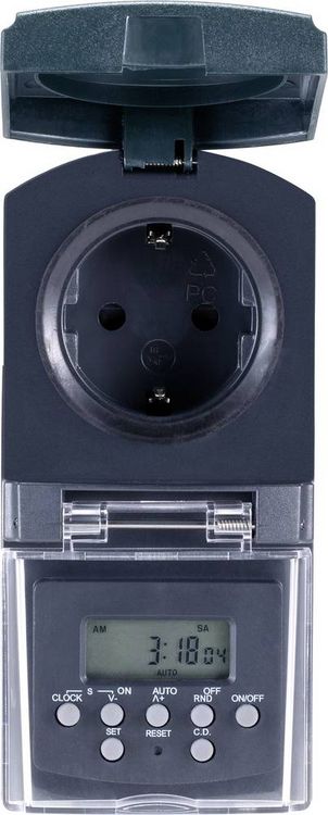 Produktbild: Sygonix SY-5044422 Steckdosen-Zeitschaltuhr digital Wochenprogramm 1800 W IP44 Countdown-Funktion, Zufallsfunktion