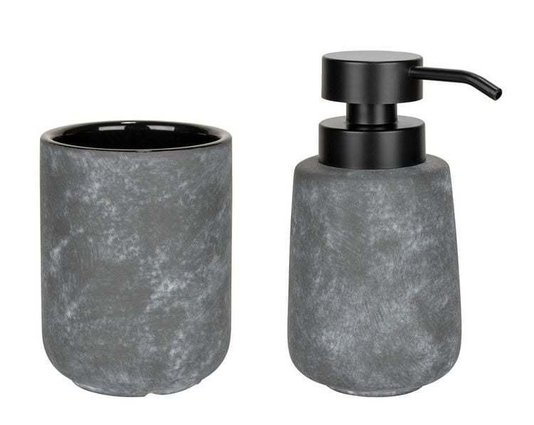 Produktbild: Bad-Accessoire Set Mod. Sacile, grau/schwarz, Keramik/Kunststoff, &Oslash; 9 x 16 cm, f&uuml;r stilvolle
