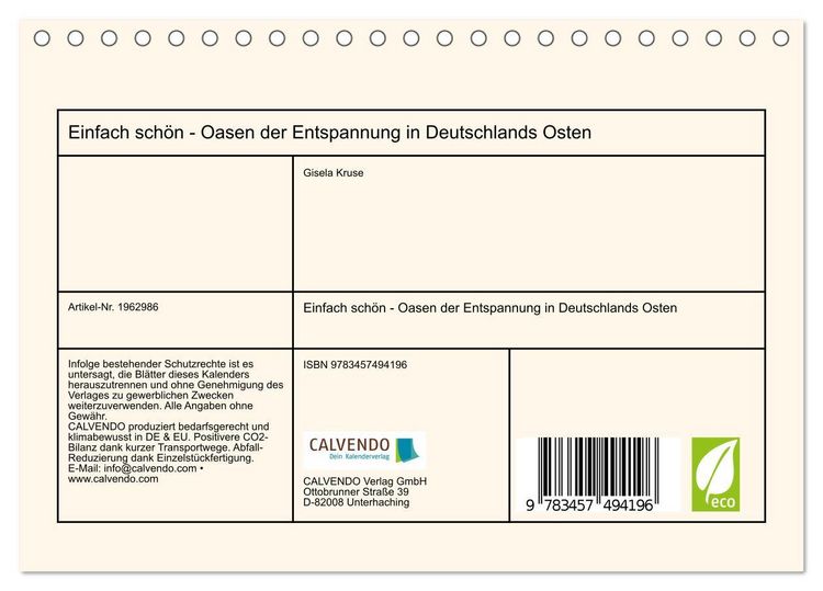 Produktbild: Einfach sch&ouml;n - Oasen der Entspannung in Deutschlands Osten (Tischkalender 2026 DIN A5 quer), CALVENDO Monatskalender