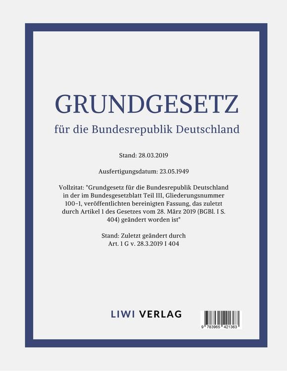 Produktbild: Grundgesetz f&uuml;r die Bundesrepublik Deutschland, Stand: 28.03.2019
