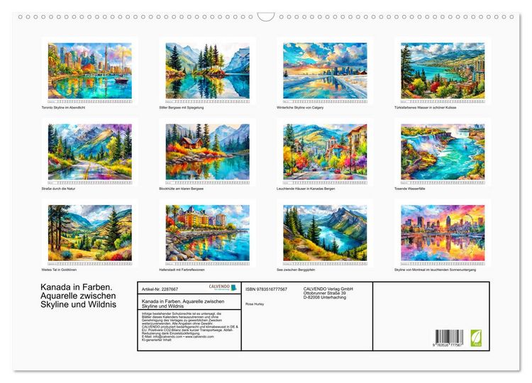 Produktbild: Kanada in Farben. Aquarelle zwischen Skyline und Wildnis (Wandkalender 2027 DIN A2 quer), CALVENDO Monatskalender