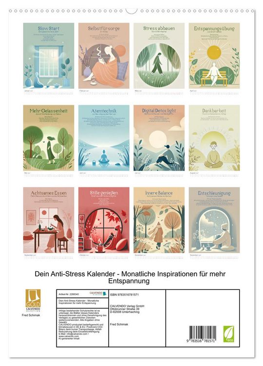 Produktbild: Dein Anti-Stress Kalender - Monatliche Inspirationen f&uuml;r mehr Entspannung (hochwertiger Premium Wandkalender 2027 DIN A2 hoch), Kunstdruck in Hochglanz