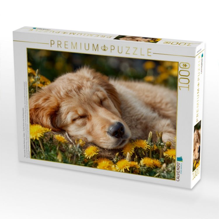 Produktbild: CALVENDO Puzzle Tr&auml;umender Golden Retriever-Welpe - Sanfte Ruhe in der Fr&uuml;hlingswiese | 1000 Teile Lege-Gr&ouml;&szlig;e 64x48cm Foto-Puzzle f&uuml;r gl&uuml;ckliche Stund
