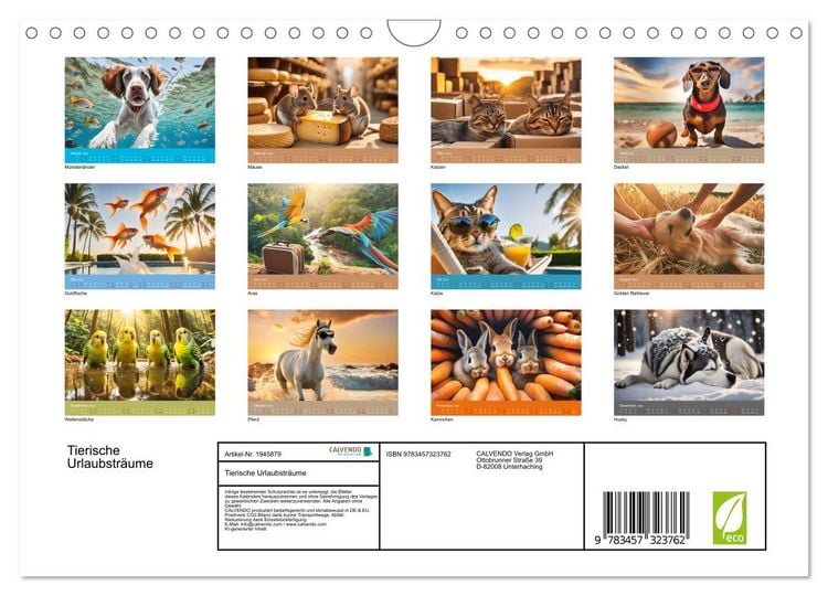 Produktbild: Tierische Urlaubstr&auml;ume (Wandkalender 2026 DIN A4 quer), CALVENDO Monatskalender