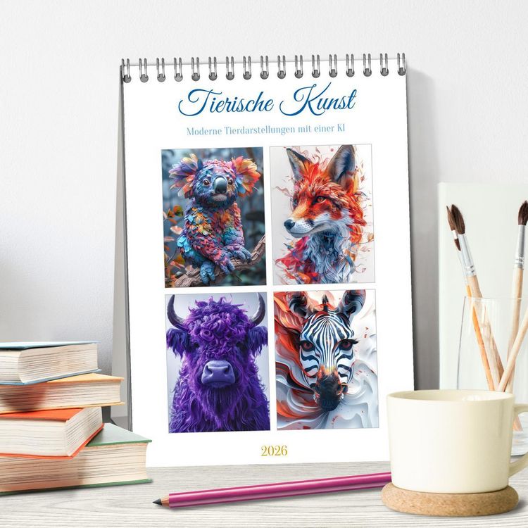 Produktbild: Tierische Kunst (Tischkalender 2026 DIN A5 hoch), CALVENDO Monatskalender