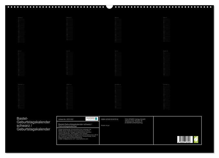 Produktbild: Bastel-Geburtstagskalender schwarz / Geburtstagskalender (Wandkalender 2026 DIN A2 quer), CALVENDO Monatskalender