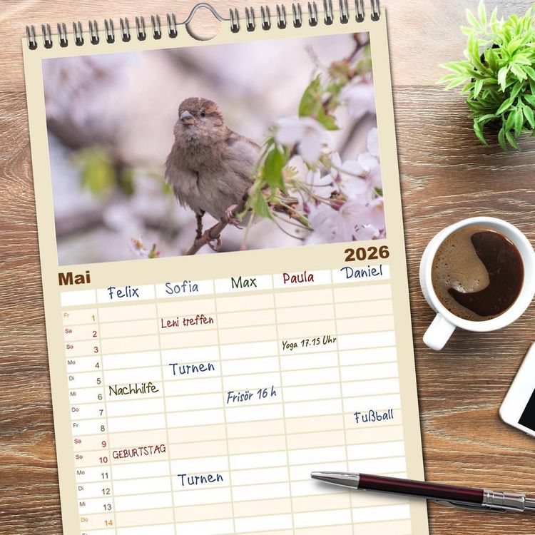 Produktbild: Familienplaner 2026 - Spatzen mit 5 Spalten (Wandkalender, 21 x 45 cm) CALVENDO