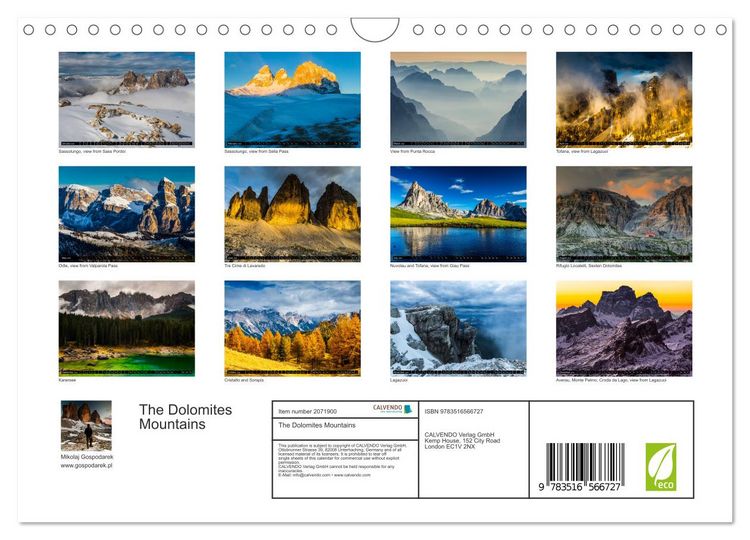Produktbild: The Dolomites Mountains (Wall Calendar 2026 DIN A4 landscape), CALVENDO 12 Month Wall Calendar