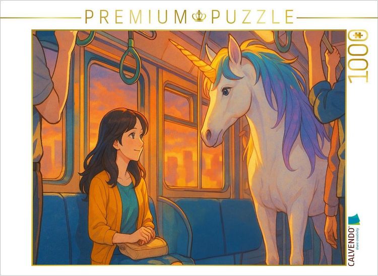 Produktbild: CALVENDO Puzzle Frau begegnet im Zug einem Einhorn | 1000 Teile Lege-Gr&ouml;&szlig;e 64x48cm Foto-Puzzle f&uuml;r gl&uuml;ckliche Stunden