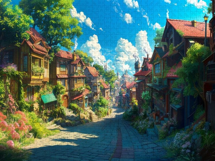 Produktbild: CALVENDO Puzzle Auf dem Weg in die Stadt - Anime Dorflandschaft | 1000 Teile Lege-Gr&ouml;&szlig;e 64x48cm Foto-Puzzle f&uuml;r gl&uuml;ckliche Stunden
