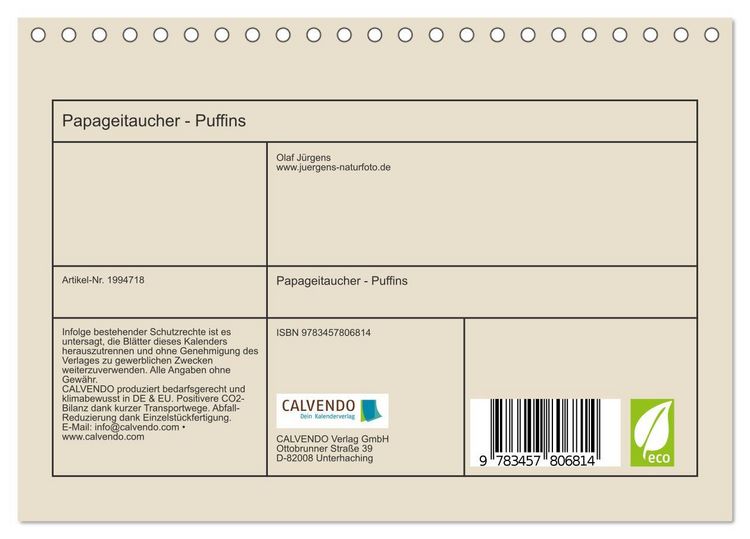 Produktbild: Papageitaucher - Puffins (Tischkalender 2026 DIN A5 quer), CALVENDO Monatskalender