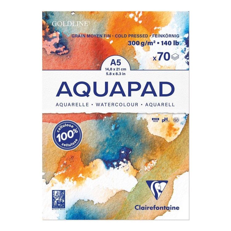 Produktbild: Aquarellblock Goldline Aquapad A5 geleimt, 70 Blatt wei&szlig; 300g, mittlere K&ouml;rnung