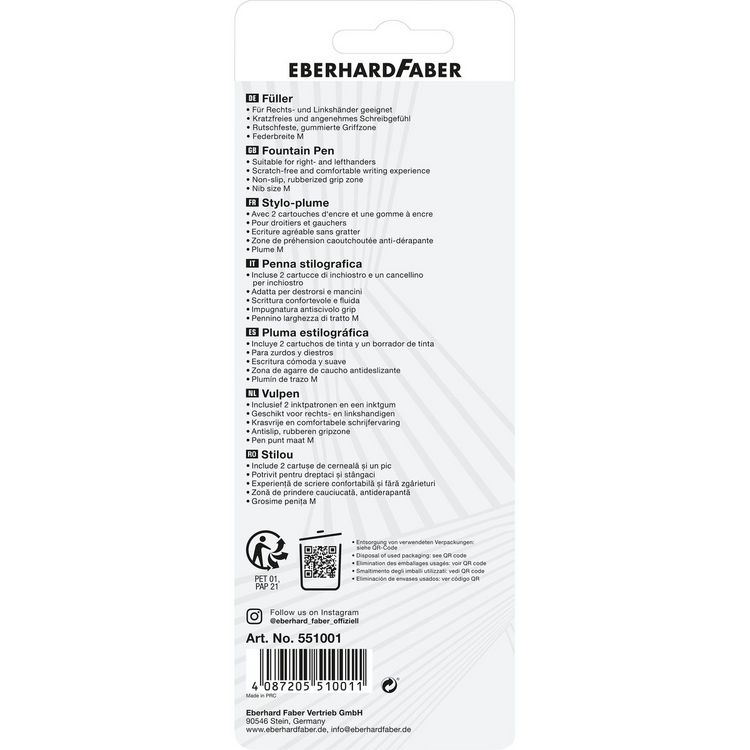 Produktbild: EBERHARD FABER F&uuml;ller Set NXT M Tintenl&ouml;scher 2 Patronen schwarz/wei&szlig; 4 Teile RH LH Blister