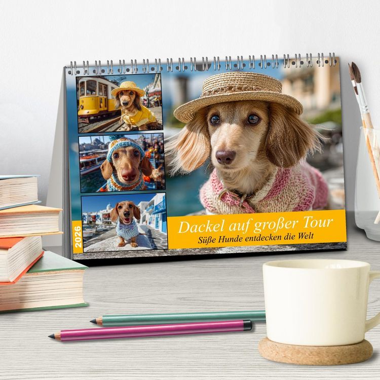 Produktbild: Dackel auf gro&szlig;er Tour - S&uuml;&szlig;e Hunde entdecken die Welt (Tischkalender 2026 DIN A5 quer), CALVENDO Monatskalender