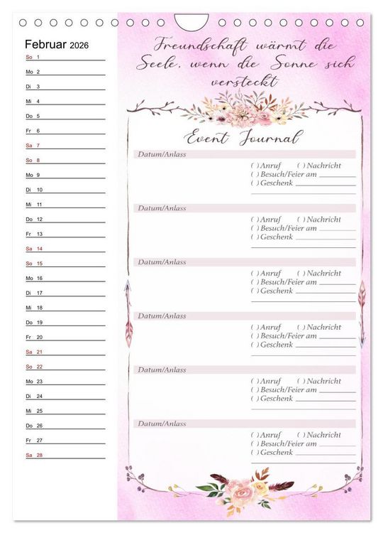 Produktbild: Geburtstagsplaner Boho Rosa - F&uuml;r Termine, Geschenke, Eventdetails & mehr (Wandkalender 2026 DIN A4 hoch), CALVENDO Monatskalender
