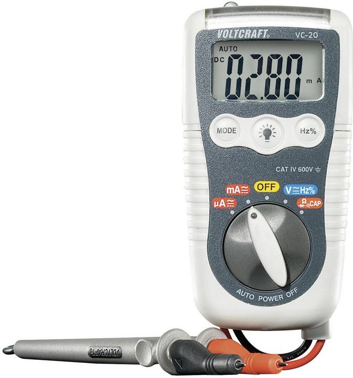 Produktbild: VOLTCRAFT VC-20 Hand-Multimeter digital Spritzwassergesch&uuml;tzt (IP54) CAT III 1000 V, CAT IV 600 V Anzeige (Counts): 4000