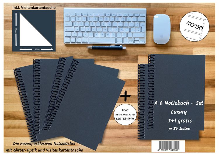 Produktbild: A 6 Notizbuch - Set, 5+1 gratis, Luxury 80 Seiten BLAU NEW LAPISLAZULI GLITTER-OPTIK, to do