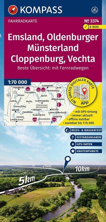 Produktbild: KOMPASS Fahrradkarte 3374 Emsland, Oldenburger M&uuml;nsterland, Cloppenburg, Vechta mit Knotenpunkten 1:70.000