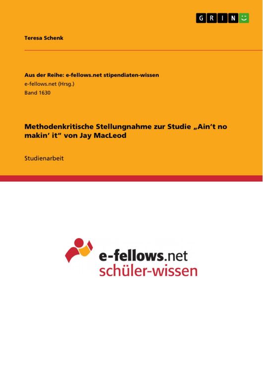 Produktbild: Methodenkritische Stellungnahme zur Studie "Ain't no makin' it" von Jay MacLeod